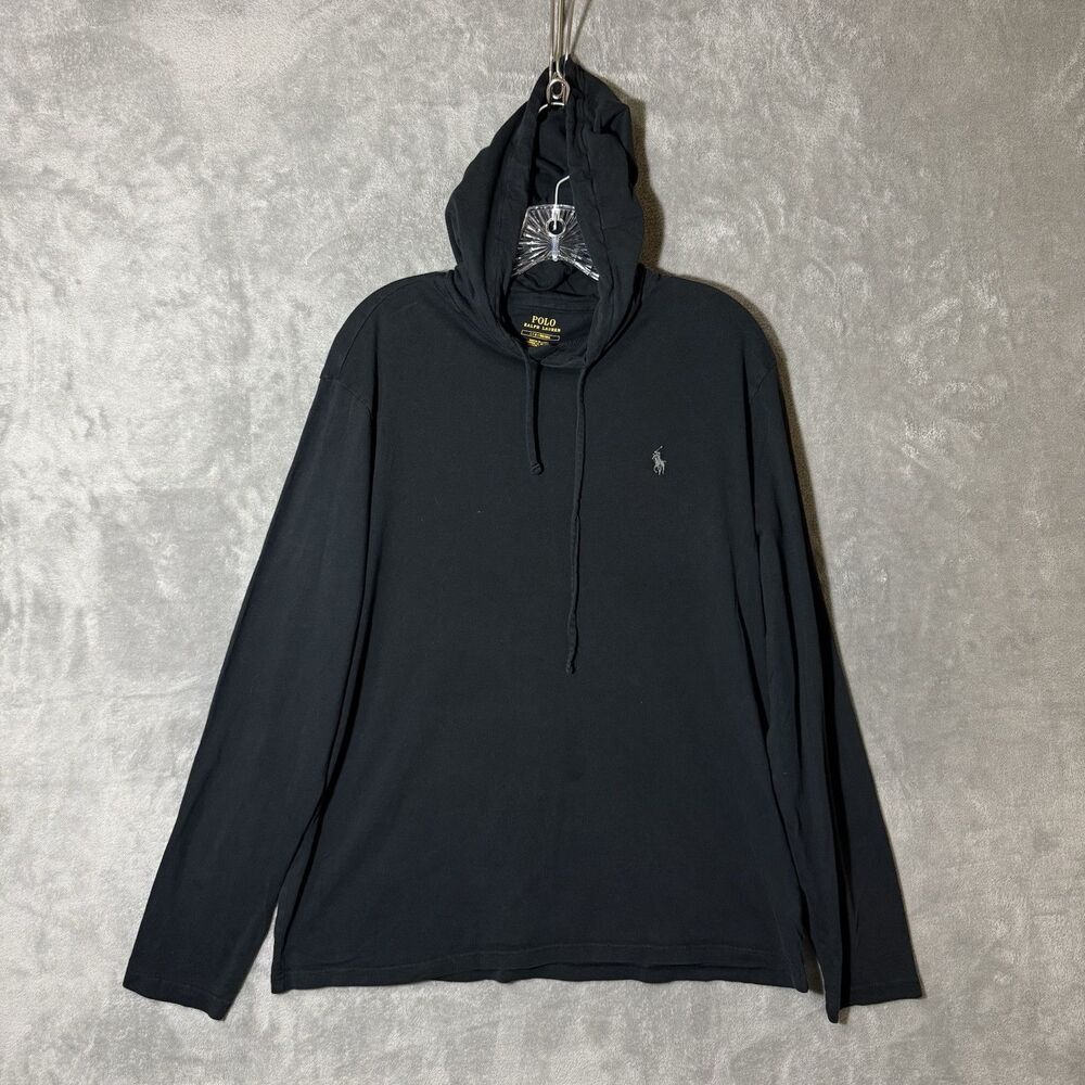 Polo Ralph Lauren Men L Cotton Hooded T-Shirt Black Lightweight Long Sleeve READ